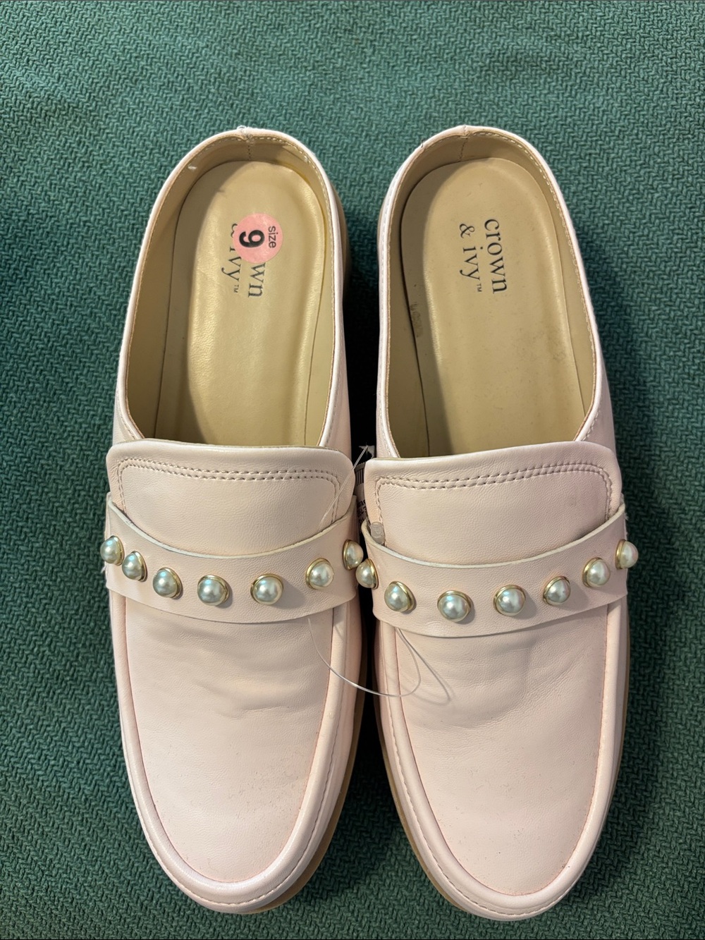 crown & ivy Pale Pink Loafers with Pearl Studs